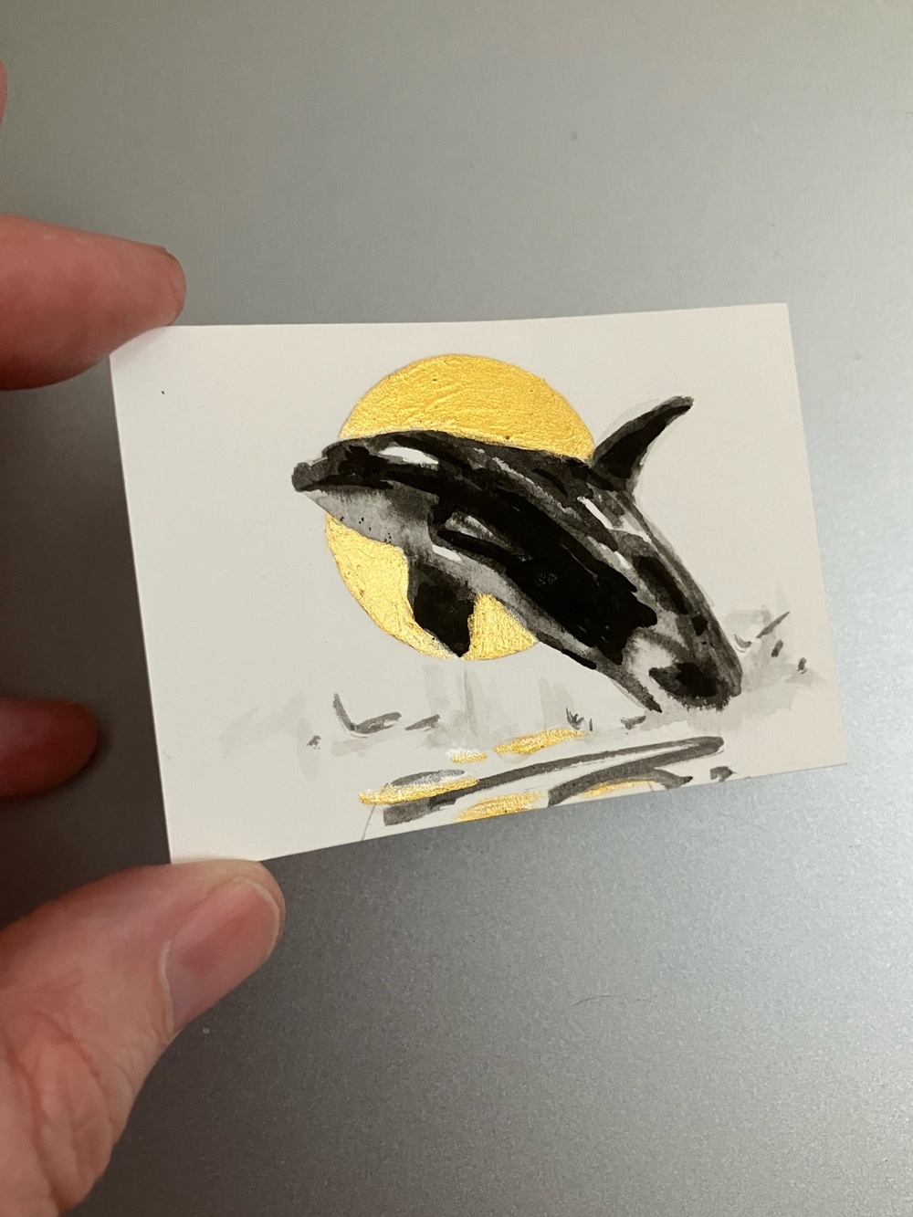 ORIGINAL orca killer whale painting miniature realism art sumi-e gold artwork US